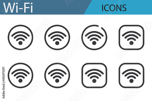 Digital Wi-Fi icons with network connectivity, signal, and no signal symbols.
