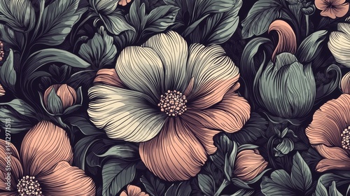 Wallpaper Mural Delicate flowers in soft pinks and muted blues create a rich, textured backdrop. The intricate detail of petals and leaves enhances the vibrant design, showcasing nature's beauty Torontodigital.ca