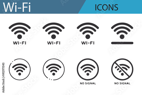 Icon collection with different Wi-Fi signal strength and connection types.
