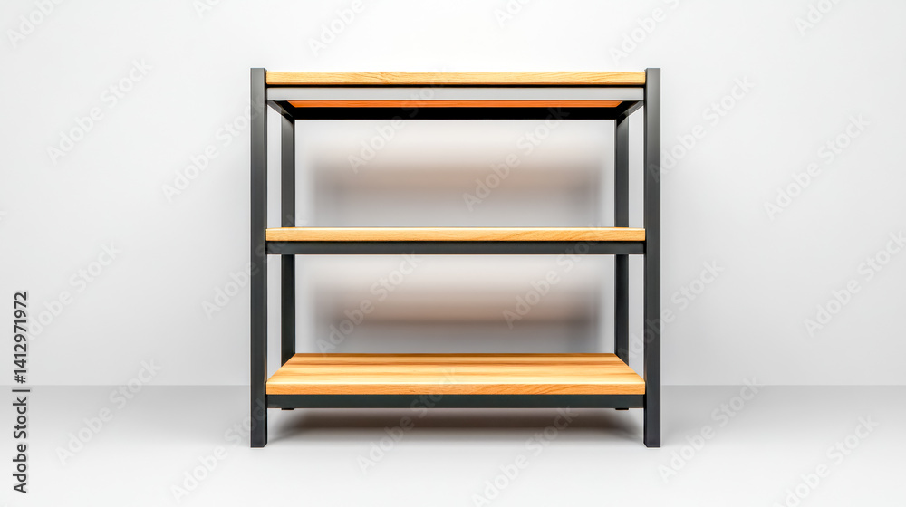 Modern empty shelving unit with wooden shelves on white background Modern empty shelving unit with wooden shelves on white background