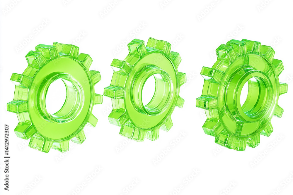 Three Interlocking Green Glass Gears Isolated on White Background Three Interlocking Green Glass Gears Isolated on White Background