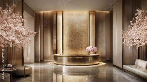 Luxurious, modern lobby with gold accents and cherry blossoms