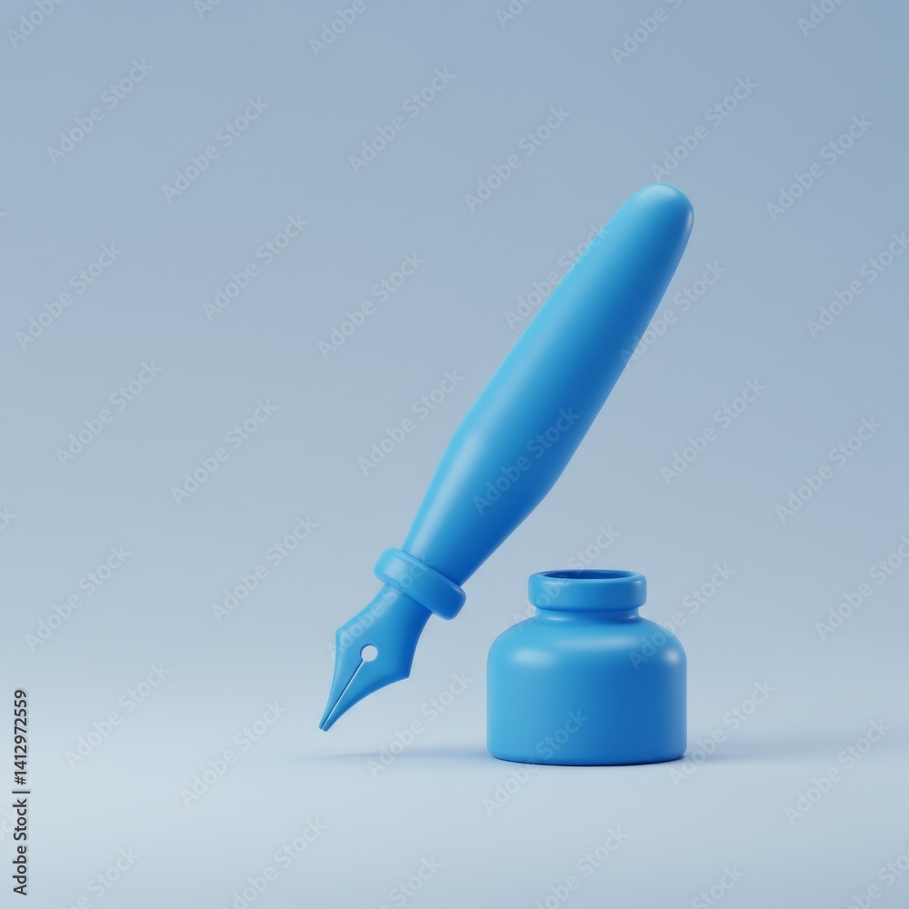 Elegant fountain pen and inkwell on minimalist blue background for artistic inspiration
