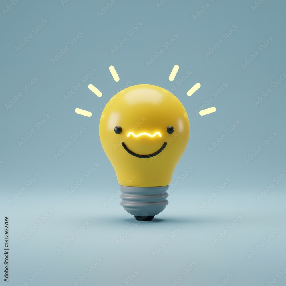 Cute smiling light bulb with glowing ideas on blue background for creativity concept