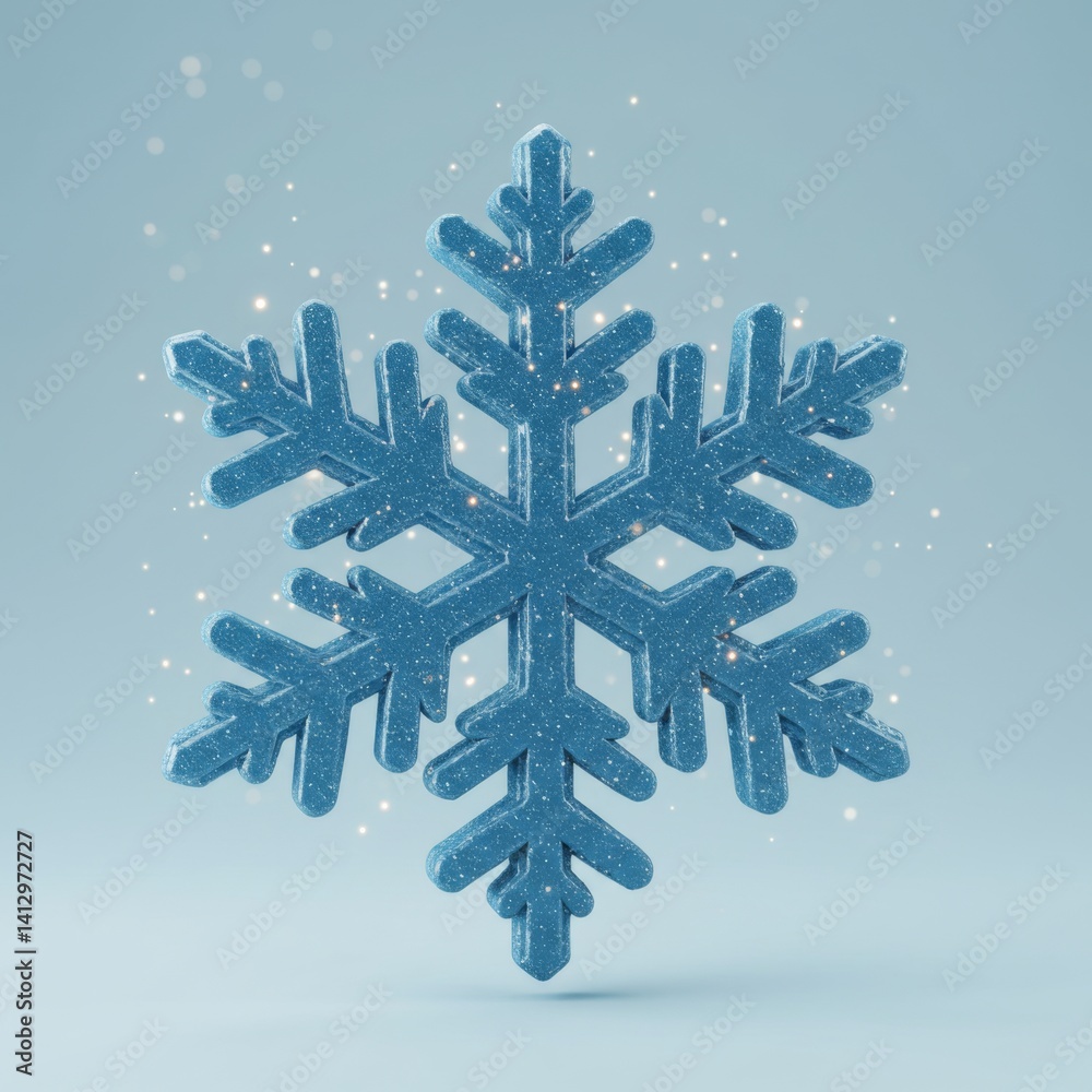 Glittering blue snowflake on light background for winter holiday decoration