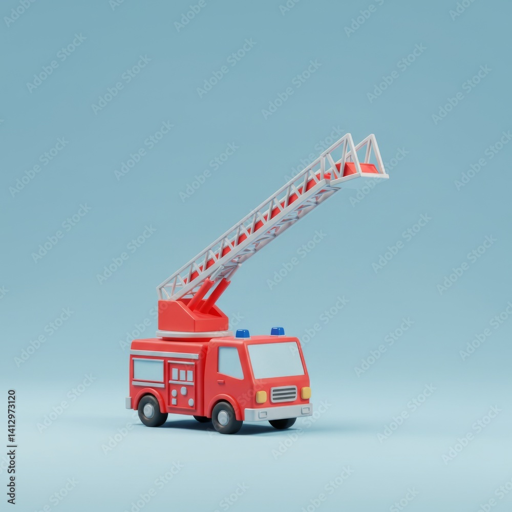 Toy fire truck with ladder against blue background - children's play concept