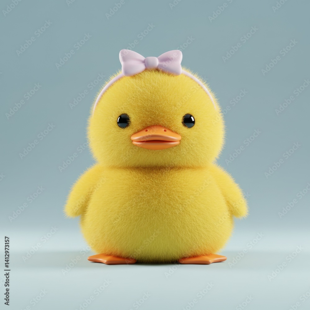 Adorable yellow duckling with pink bow on blue background for children's decor