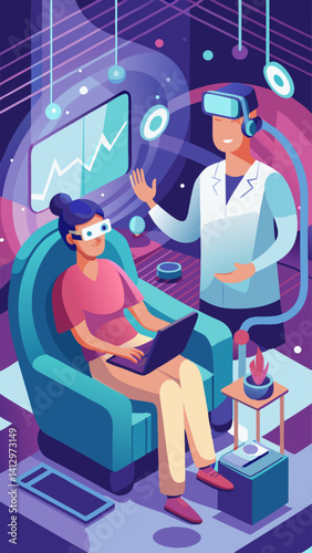 A man is sitting in a chair while a woman in a white lab coat talks to him. The woman is holding a clipboard and a tablet. The room is dimly lit and has a futuristic feel to it