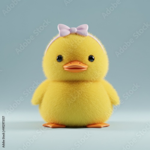 Obraz na płótnie Adorable yellow duckling with pink bow on blue background for children's decor w salonie