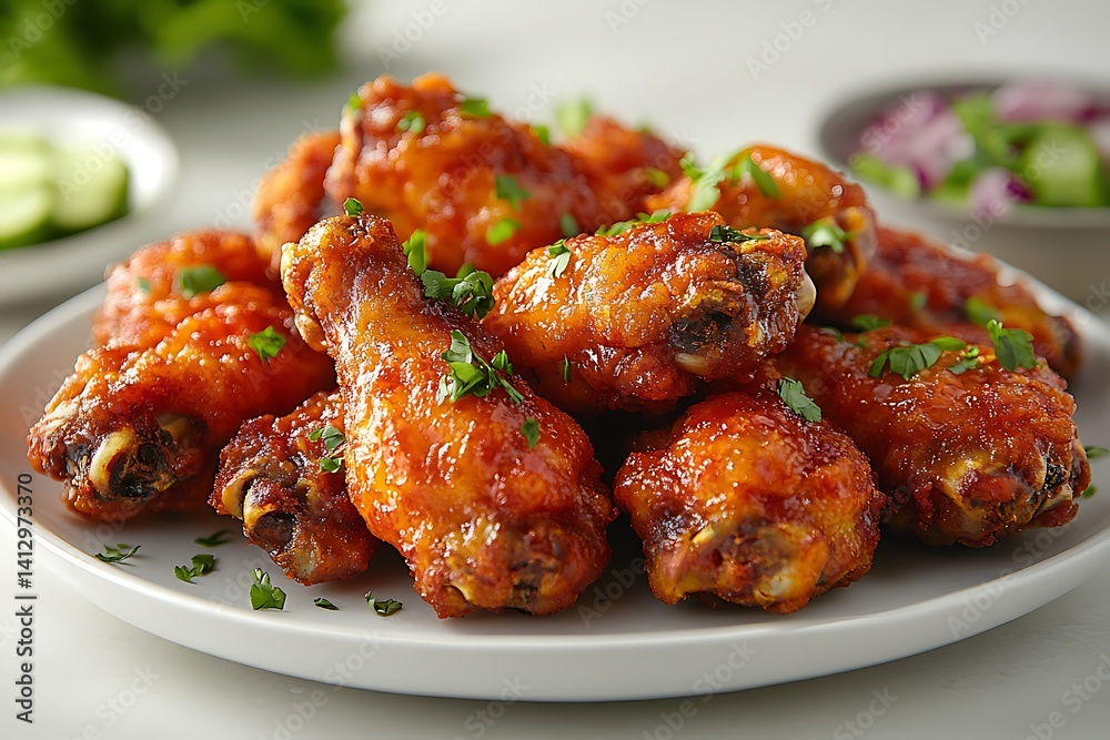 Delicious Spicy Chicken Wings With Parsley On A White Plate Ready To Eat Delicious Spicy Chicken Wings With Parsley On A White Plate Ready To Eat