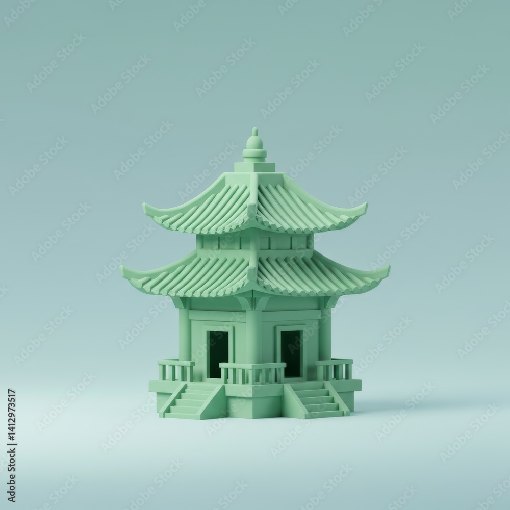 Tranquil green pagoda model on minimal pastel background for zen and architecture themes