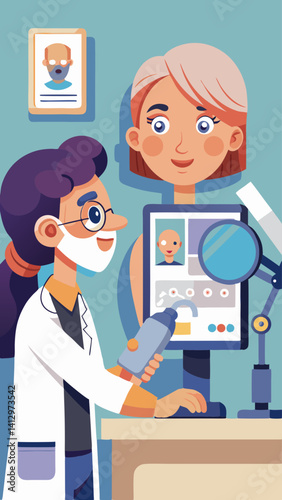 A woman doctor is examining a patient. The patient is wearing a yellow shirt. The doctor is holding a magnifying glass