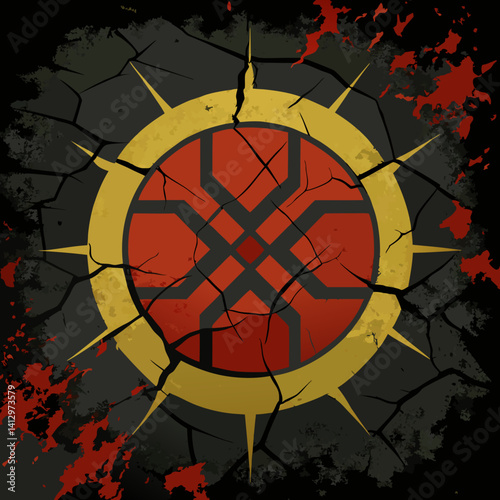 A weathered crimson sunburst emblem, imbued with ancient power, cracks reveal a resilient heart amidst a dark, cracked earth.