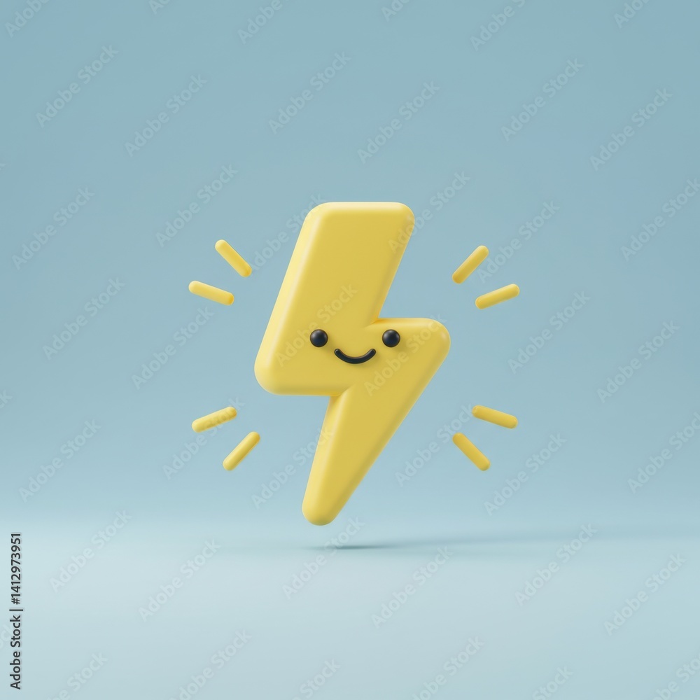Cute smiling lightning bolt on minimalist pastel blue background for children's design and energy concepts