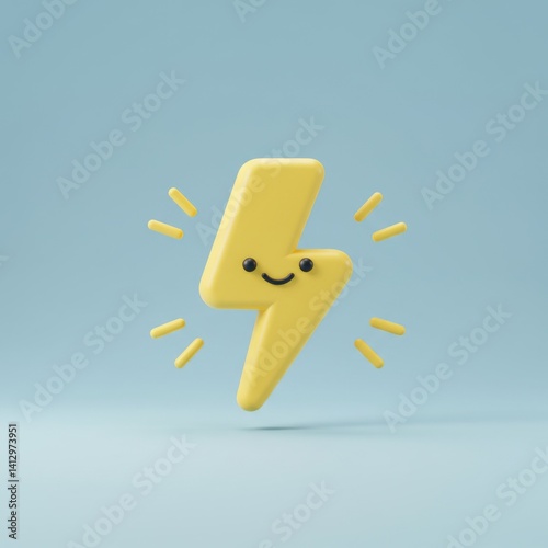 Obraz na płótnie Cute smiling lightning bolt on minimalist pastel blue background for children's design and energy concepts w salonie