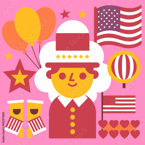 A cheerful ringmaster joyfully celebrating a festive occasion with vibrant balloons, stars, and American flags in a bold, graphic style.