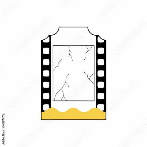 A cracked film reel submerged in time's golden sands, a poignant reminder of fading memories and lost narratives, with simple black line art.