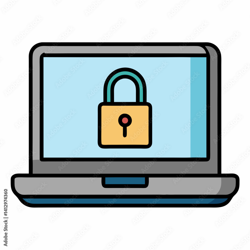 Laptop with security lock icon on screen in cartoon flat vector style
Laptop with security lock icon on screen in cartoon flat vector style