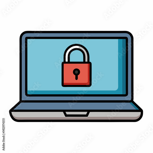 Laptop with security lock icon on screen in cartoon flat vector style
