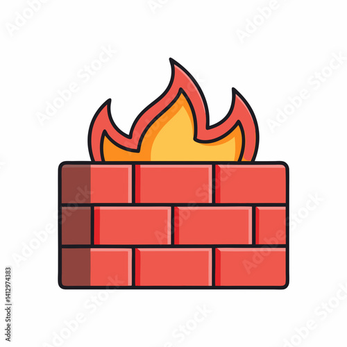 Red brick fireplace icon with yellow flame in cartoon flat vector style
