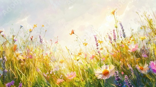 A beautiful meadow filled with a variety of wildflowers in full bloom showcases a joyful palette of colors. Sunlight illuminates the scene, creating a serene atmosphere