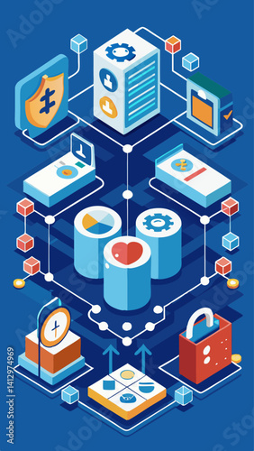 A colorful image of a computer network with a blue shield in the middle. The shield has a cross on it and is surrounded by various icons and symbols