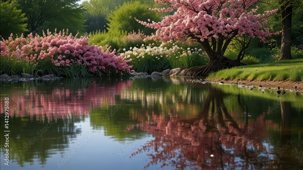 Spring garden pond reflection; pink flowers, green background, tranquil scene; ideal for nature websites Spring garden pond reflection; pink flowers, green background, tranquil scene; ideal for nature websites