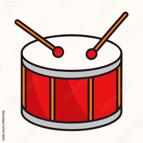 Red marching drum with drumsticks icon in flat cartoon vector style
