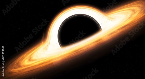 Gargantua Black Hole & Accretion Disk: A Visually Stunning Render of Space-Time Distortion and Gravitational Lensing Phenomena, Set Against a Starry Backdrop