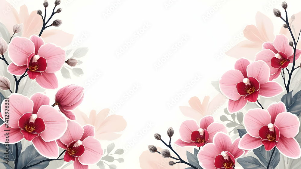 Fototapeta premium A white background with pink flowers on it