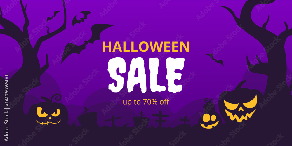 Naklejka premium Halloween sale banner with spooky pumpkins, bats, trees, and gravestones on a purple background. Bold discount text. Perfect for seasonal ads, promotions, and festive marketing.