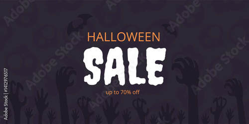 Spooky Halloween sale banner with zombie hands, bats, and skulls on a dark background. Bold SALE text and discount message. Great for holiday promos, ads, and social media.