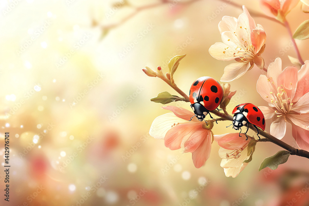 Fototapeta premium two ladybugs on a branch of a tree