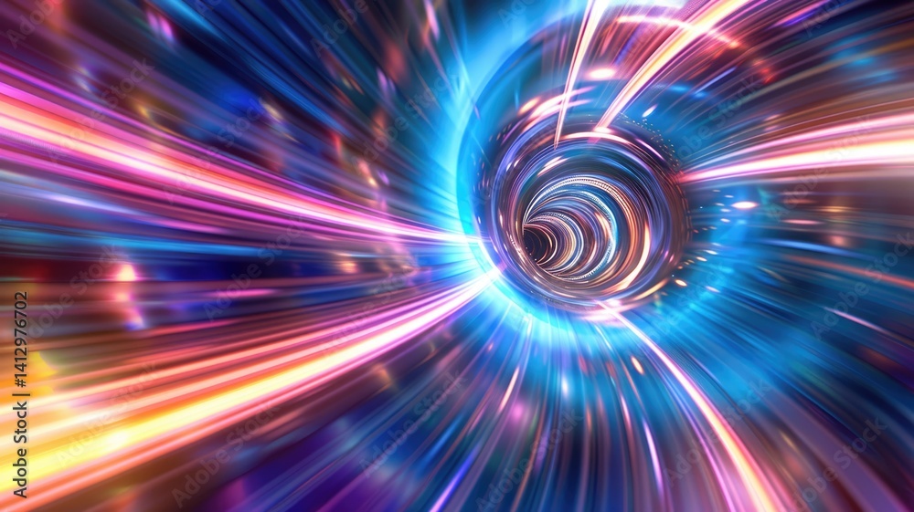 Obraz premium Abstract of line glowing vivid light with fractal style effect. Futuristic style vortex or portal scene with vividness of seamless pattern in space. Spiral on universe scene perfect for design. AIG53.
