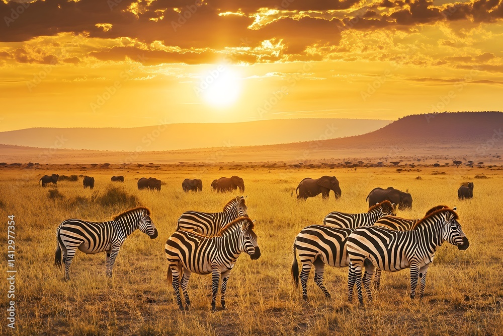 Obraz premium Herd of zebras standing in the savannah during a picturesque sunset with elephants in the distance Ultra HD photo