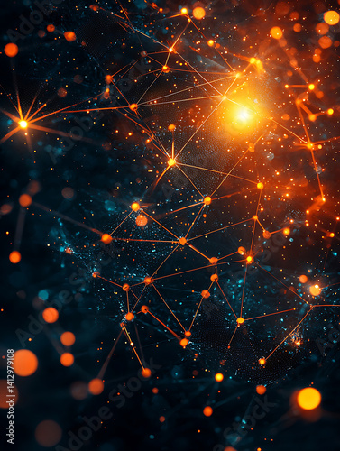 Abstract digital network luminous nodes connected by glowing lines radiating light set against a dark nebulous backdrop.