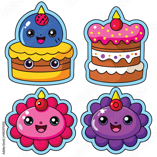Cute cartoon cakes and flower-shaped creatures