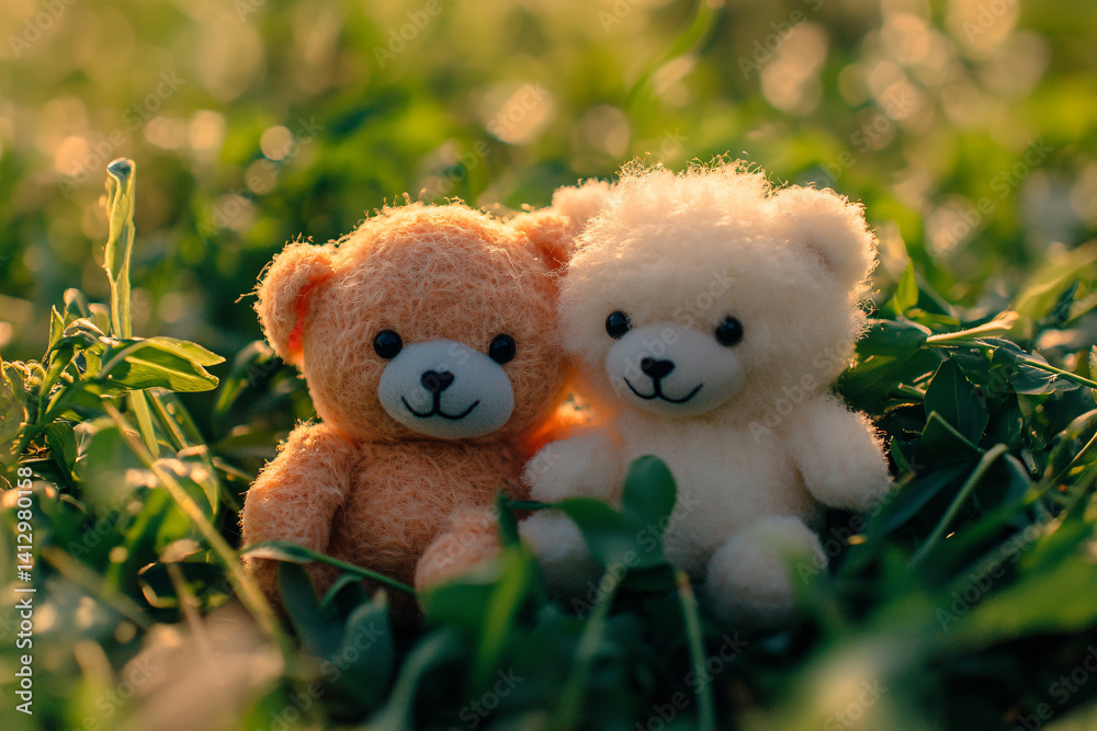 two teddy bears sitting in the grass together two teddy bears sitting in the grass together