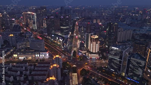 Wallpaper Mural 4K Real Time Aerial view of urban traffic and Shanghai skyscrapers in downtown at night. Torontodigital.ca