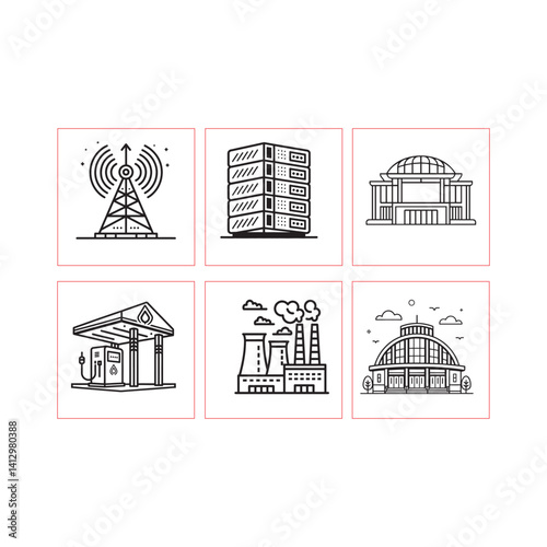 Utility and Infrastructure Building Line Icons – Data Center, Gas Station, Power Plant, Broadcasting Tower, Convention Center – Minimal Vector Set

