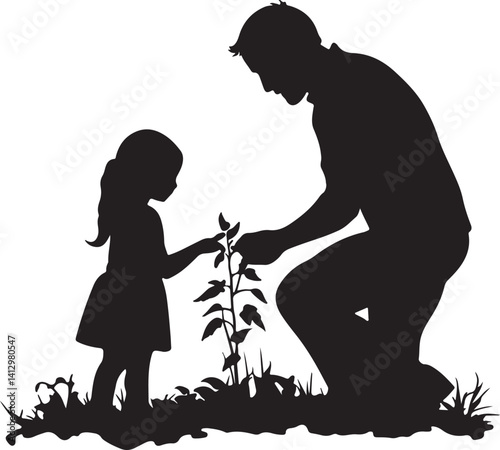 Silhouette of father and daughter gardening vector in white background
