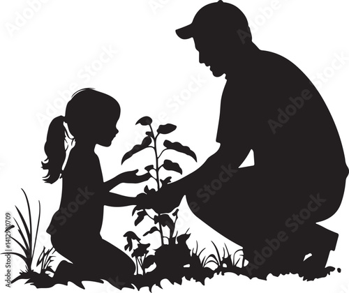 Silhouette of father and daughter gardening vector in white background