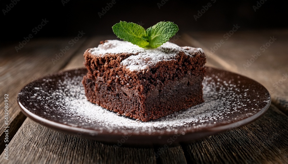 decadent chocolate brownie with a gooey center dusted with powdered sugar and garnished with fresh mint served in a moody atmosphere vertical decadent chocolate brownie with a gooey center dusted with powdered sugar and garnished with fresh mint served in a moody atmosphere vertical