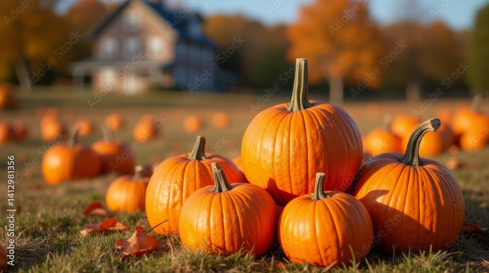Ripe orange pumpkins in the yard of a country house, sunny day, Thanksgiving Ripe orange pumpkins in the yard of a country house, sunny day, Thanksgiving