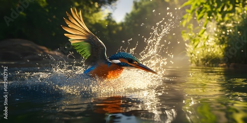 Vibrant kingfisher in mid-dive, piercing the water surface and causing a burst of droplets Ultra HD photo photo