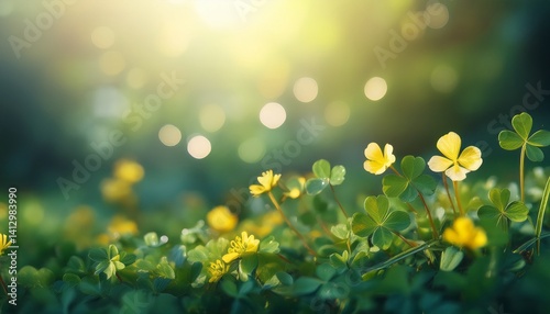 lush green shamrocks with tiny yellow flowers in a dreamy softly lit background symbolizing luck nature and st patricks day in a magical and vibrant atmosphere copy space