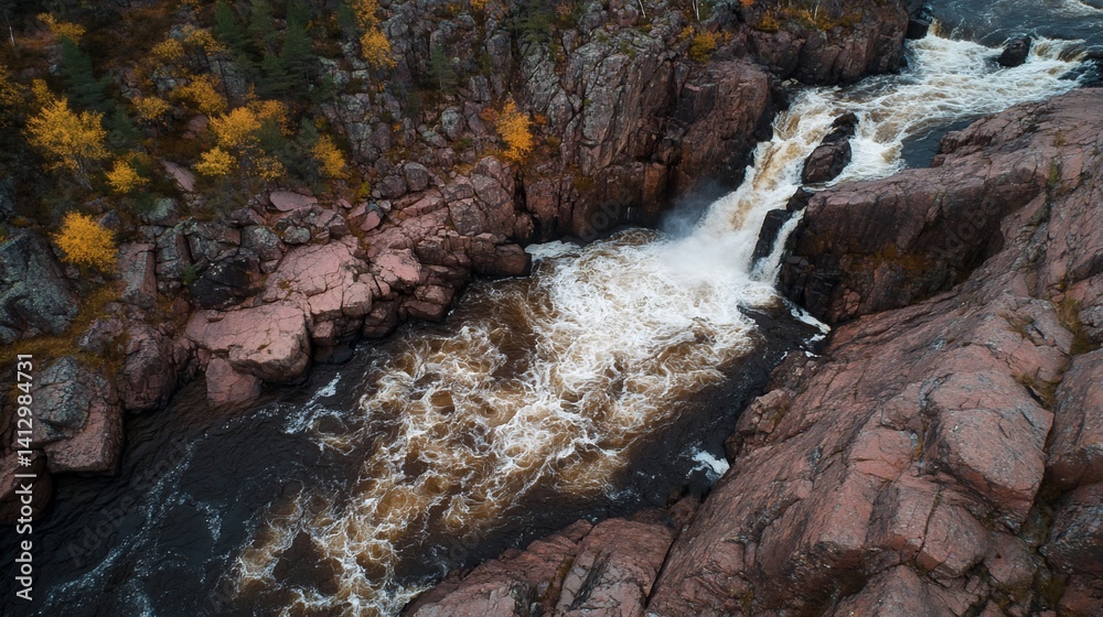 Obraz premium Aerial view of a rushing river cascading over rocks. Autumn colors in the surrounding forest
