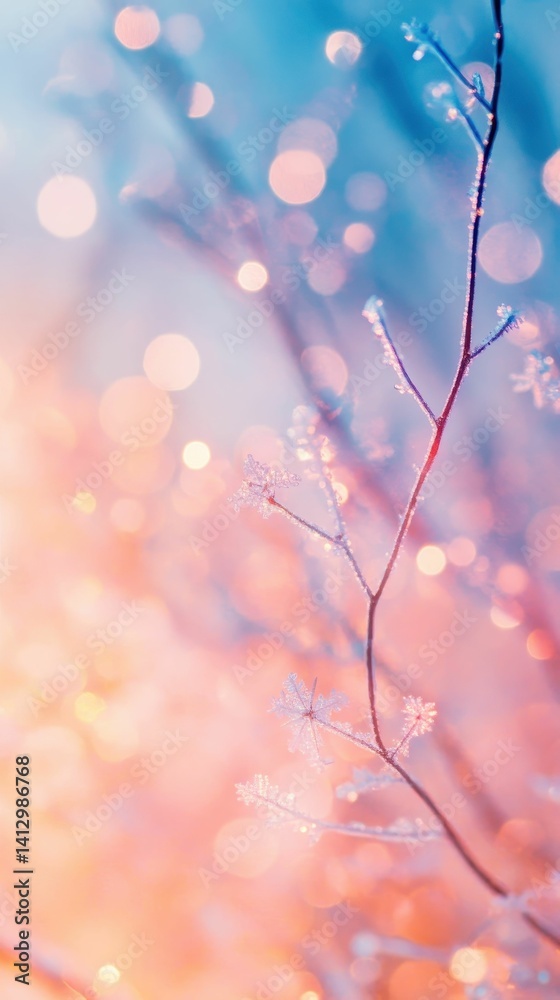 Fototapeta premium Frosted branches, soft light, winter bokeh.