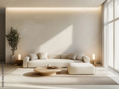 Cozy Minimalism: A bright, sunlit minimalist living room, features a modern neutral-toned sofa and a matching ottoman paired with a light-colored rug.