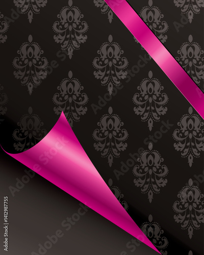 elegant damask pattern with a purple ribbon peeking out from a curled corner